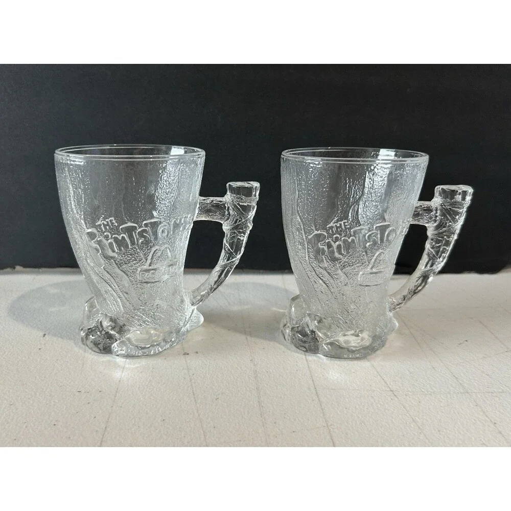 1993 McDonald’s The Flintstones Glass Tree Trunk Mugs Set of 2 Made USA